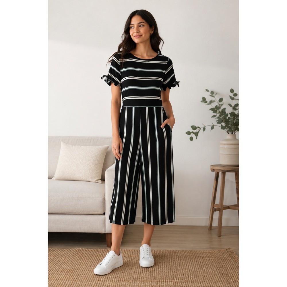 Jolt Womens Striped Wide Leg Jumpsuit Black Teal White Ribbed Knit Large